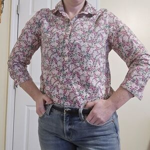 Lands' End Floral Pink Half Button Up Pullover Blouse 3/4 Sleeve 6